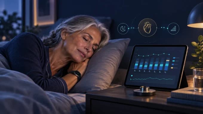 A woman asleep wearing a tracker, with a sleep-data screen beside her
